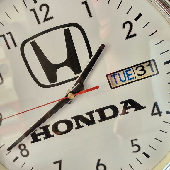 Honda Silver Frame White Face Wall Clock Date Display Quartz Movement - Picture 2 of 5